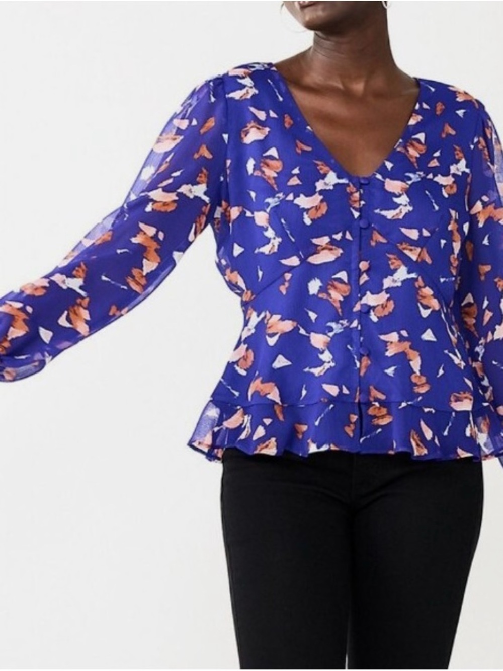 Nine West Royal Blue V-Neck Floral Peplum Blouse